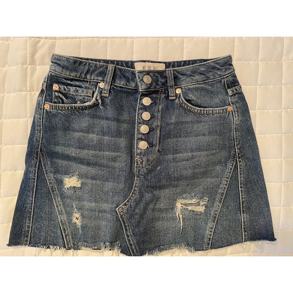 Free People We The Free Denim Mini Skirt Sz 26 Button Fly Raw Hem Festive Summer